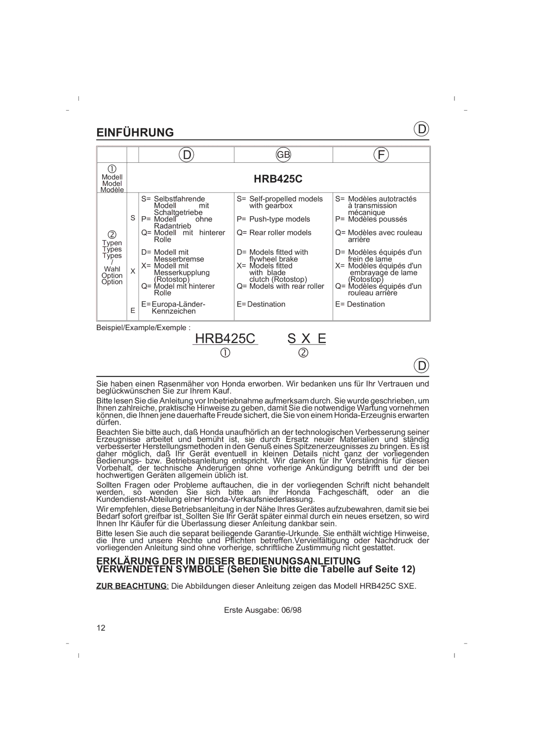 Honda Power Equipment HRB425C owner manual Einführung 