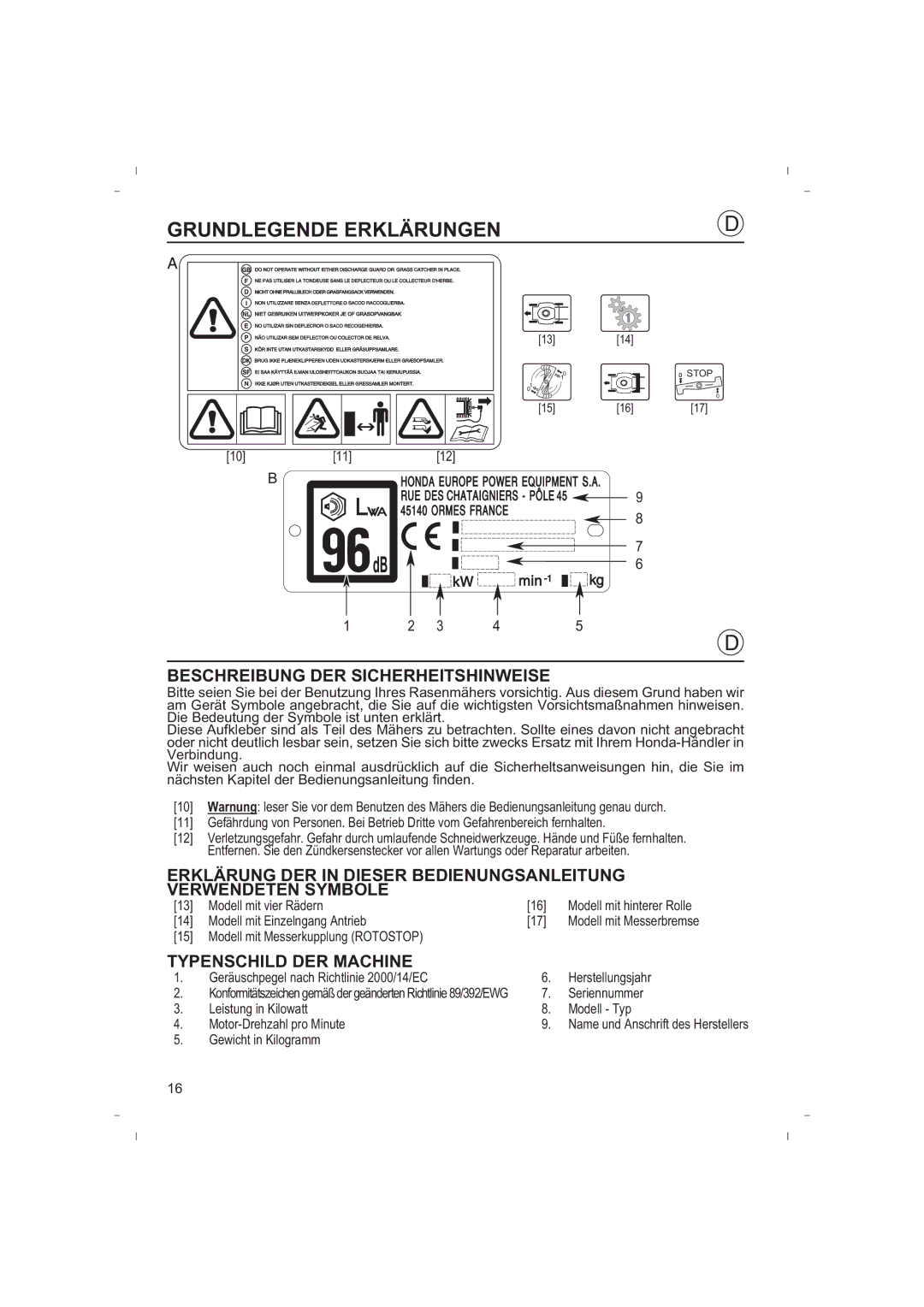 Honda Power Equipment HRB425C Grundlegende Erklärungen, Beschreibung DER Sicherheitshinweise, Typenschild DER Machine 