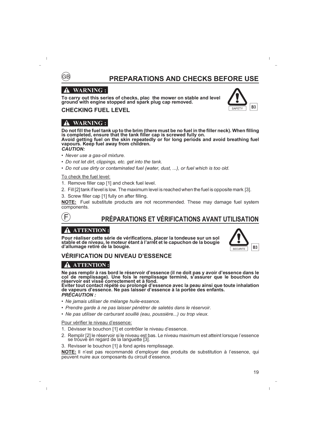 Honda Power Equipment HRB425C Preparations and Checks Before USE, Préparations ET Vérifications Avant Utilisation 