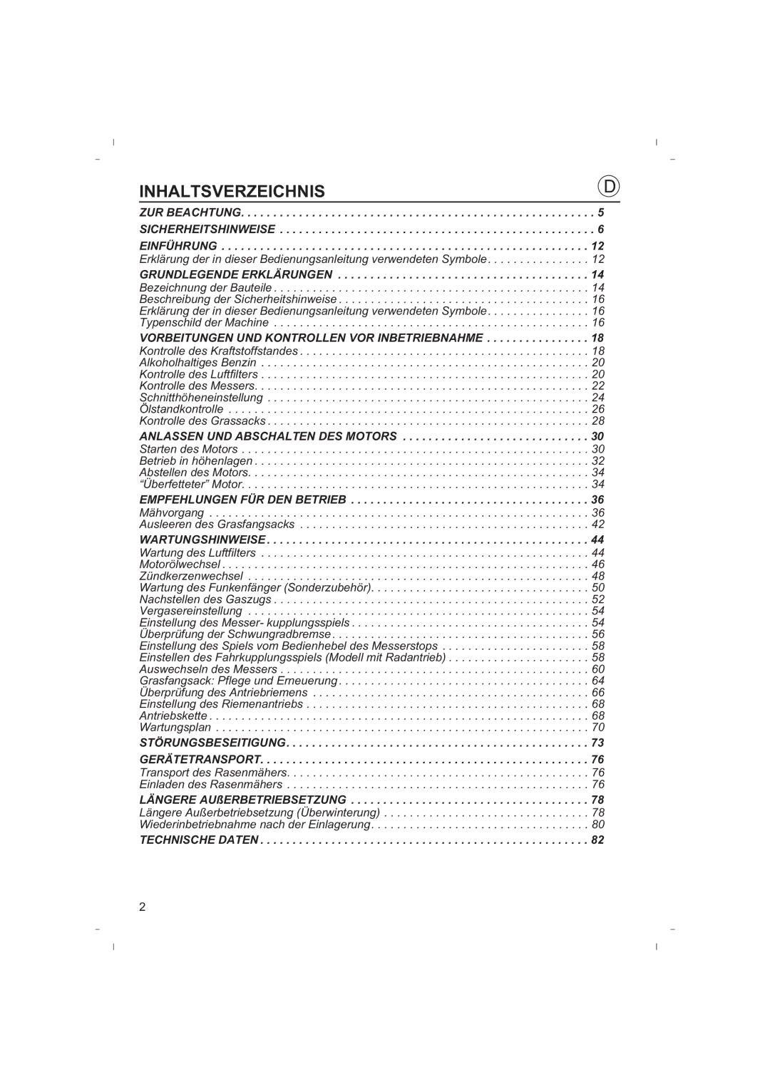 Honda Power Equipment HRB425C owner manual Inhaltsverzeichnis, Vorbeitungen UND Kontrollen VOR Inbetriebnahme 