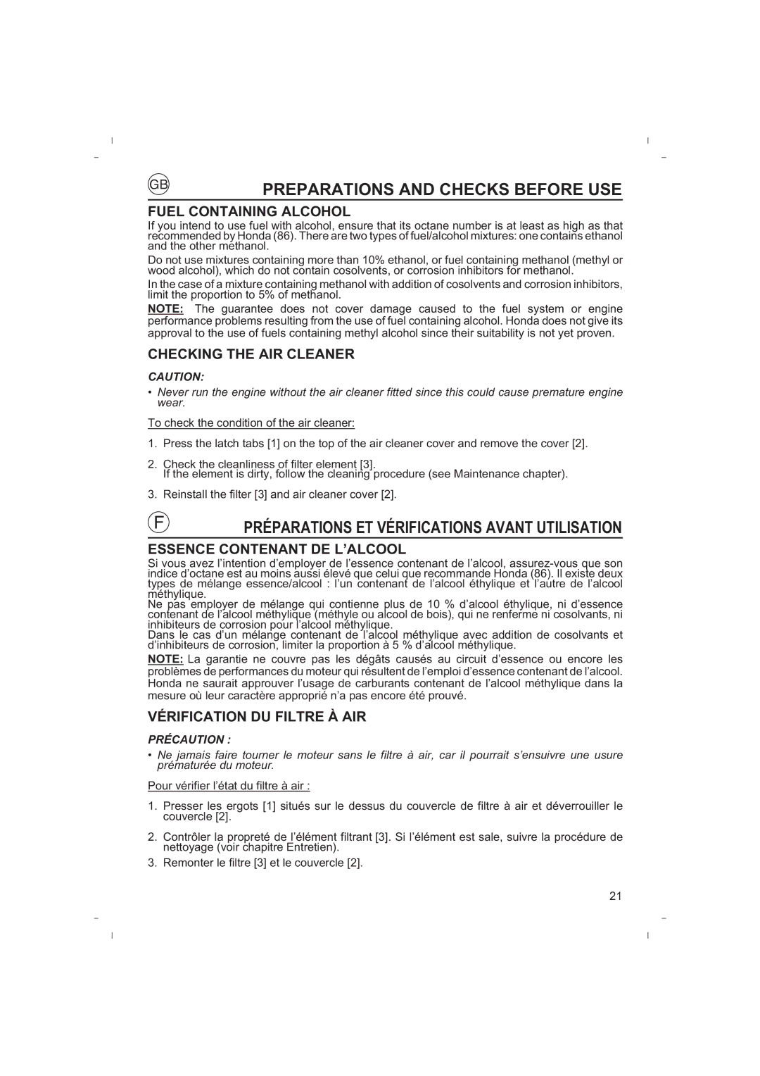 Honda Power Equipment HRB425C owner manual Fuel Containing Alcohol, Checking the AIR Cleaner, Essence Contenant DE L’ALCOOL 