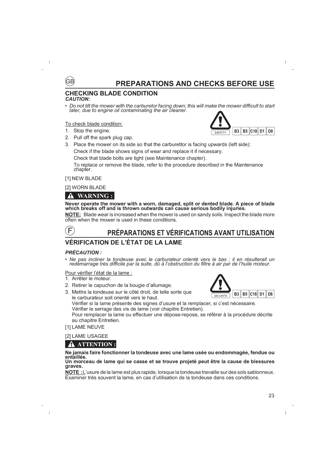 Honda Power Equipment HRB425C owner manual Checking Blade Condition, Vérification DE L’ÉTAT DE LA Lame 