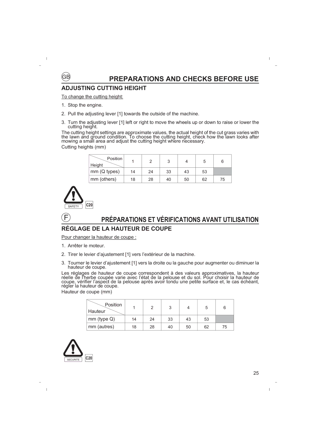 Honda Power Equipment HRB425C owner manual Adjusting Cutting Height, Réglage DE LA Hauteur DE Coupe 