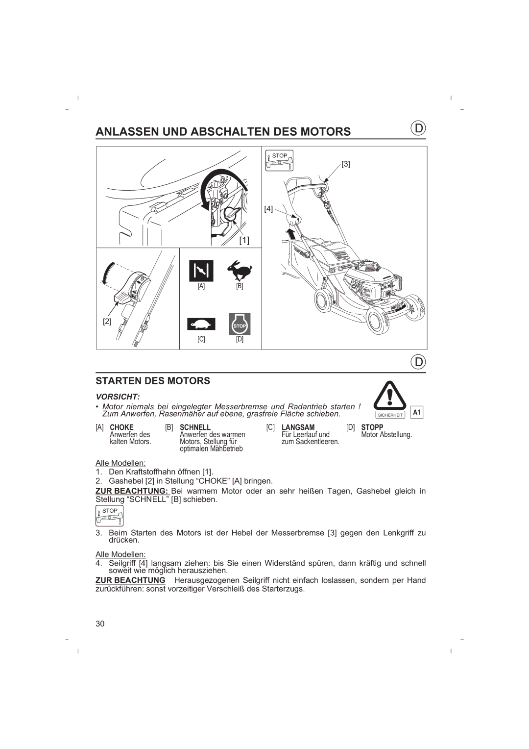 Honda Power Equipment HRB425C Anlassen UND Abschalten DES Motors, Starten DES Motors, Choke Schnell Langsam Stopp 