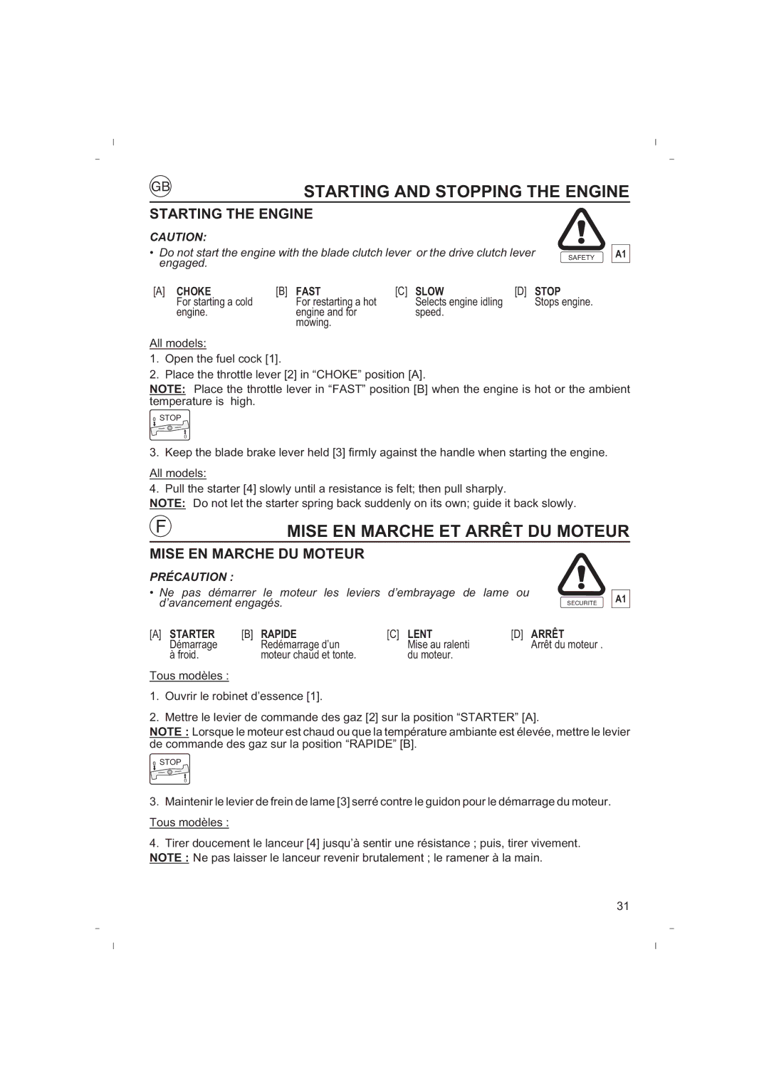 Honda Power Equipment HRB425C Starting and Stopping the Engine, Mise EN Marche ET Arrêt DU Moteur, Starting the Engine 