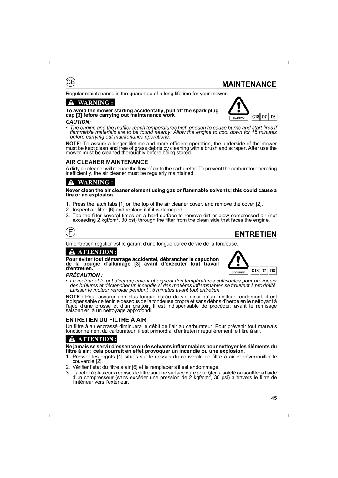 Honda Power Equipment HRB425C owner manual AIR Cleaner Maintenance, Entretien DU Filtre À AIR 