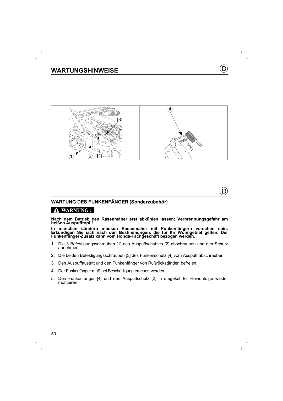 Honda Power Equipment HRB425C owner manual Wartung DES Funkenfänger Sonderzubehör 