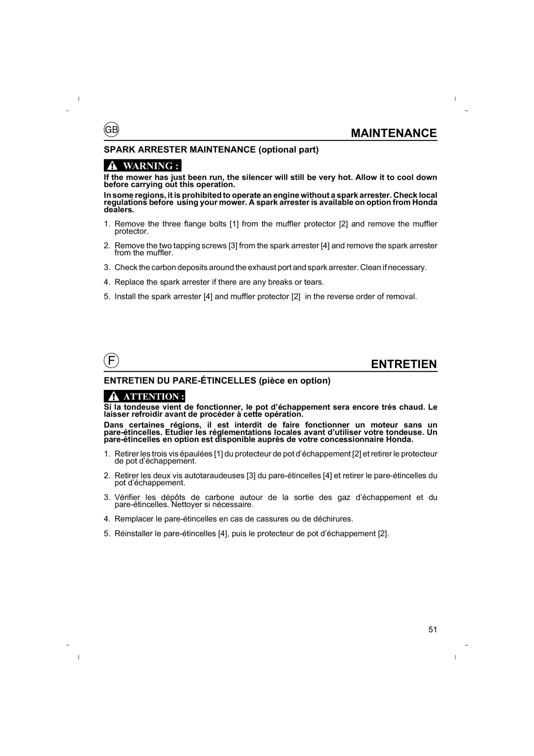 Honda Power Equipment HRB425C owner manual Spark Arrester Maintenance optional part 