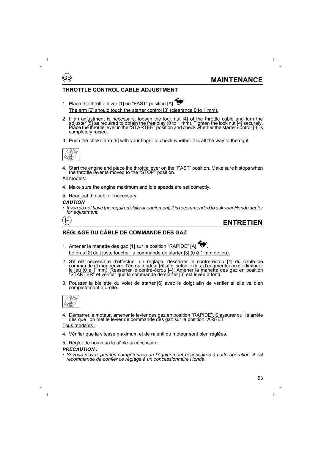 Honda Power Equipment HRB425C owner manual Throttle Control Cable Adjustment, Réglage DU Câble DE Commande DES GAZ 