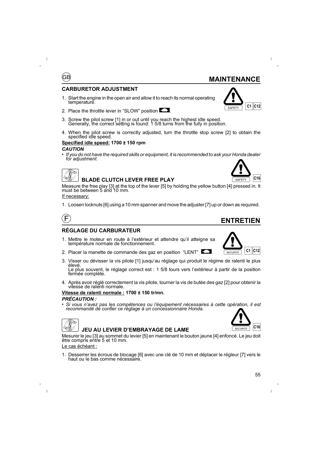 Honda Power Equipment HRB425C owner manual Carburetor Adjustment, Blade Clutch Lever Free Play, Réglage DU Carburateur 