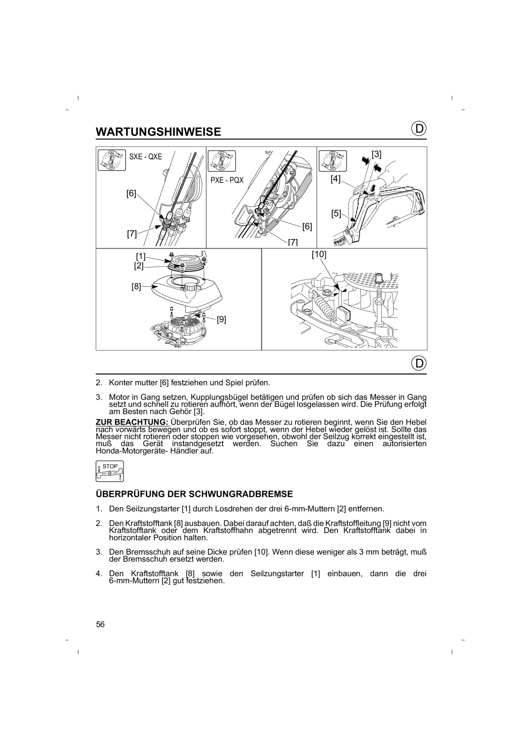 Honda Power Equipment HRB425C owner manual Überprüfung DER Schwungradbremse, Sxe Qxe Pxe Pqx 