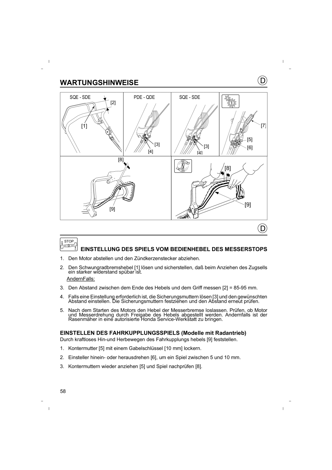 Honda Power Equipment HRB425C owner manual Einstellung DES Spiels VOM Bedienhebel DES Messerstops 