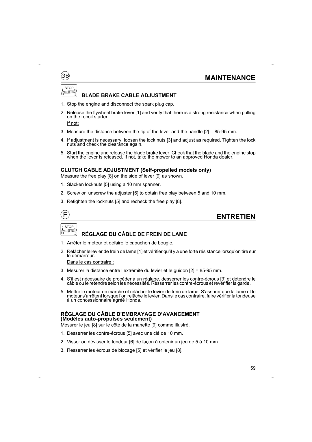 Honda Power Equipment HRB425C owner manual Blade Brake Cable Adjustment, Réglage DU Câble DE Frein DE Lame 