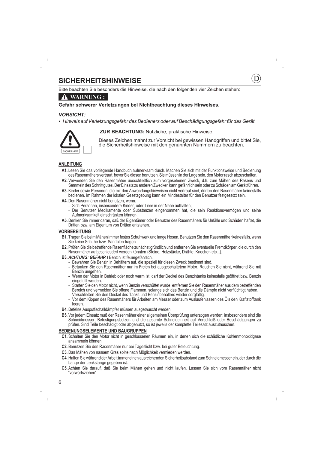 Honda Power Equipment HRB425C owner manual Sicherheitshinweise, Anleitung, Vorbereitung, Bedienungselemente UND Baugruppen 