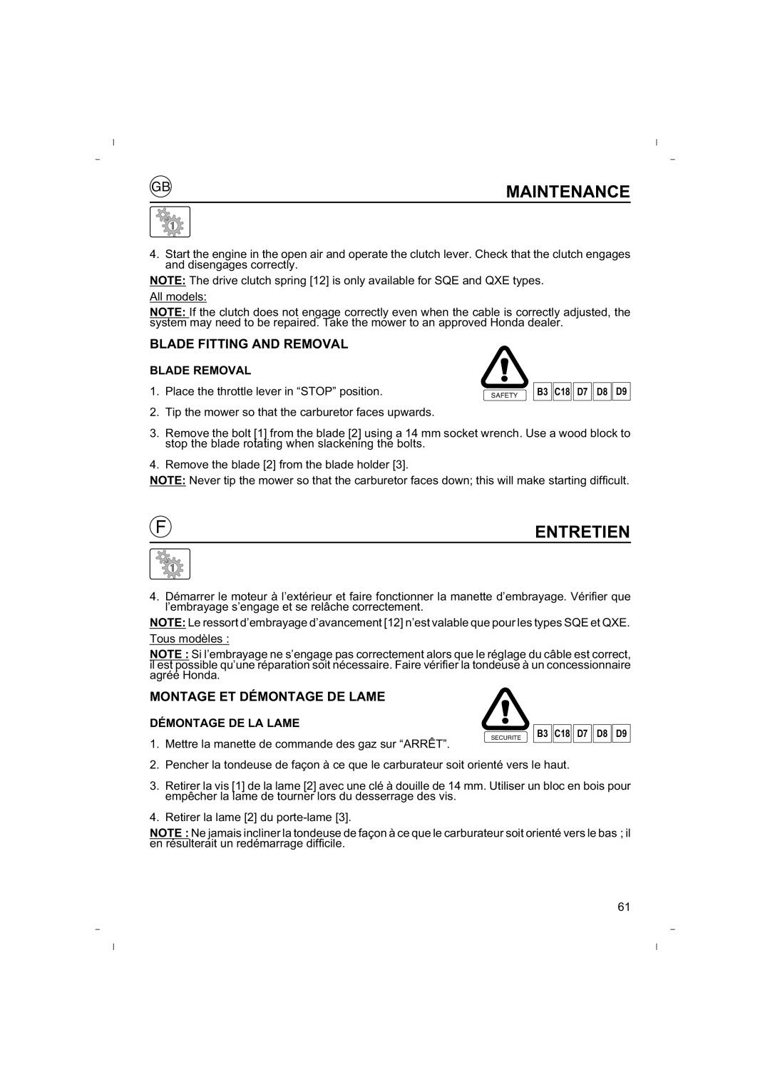 Honda Power Equipment HRB425C Blade Fitting and Removal, Montage ET Démontage DE Lame, Blade Removal, Démontage DE LA Lame 