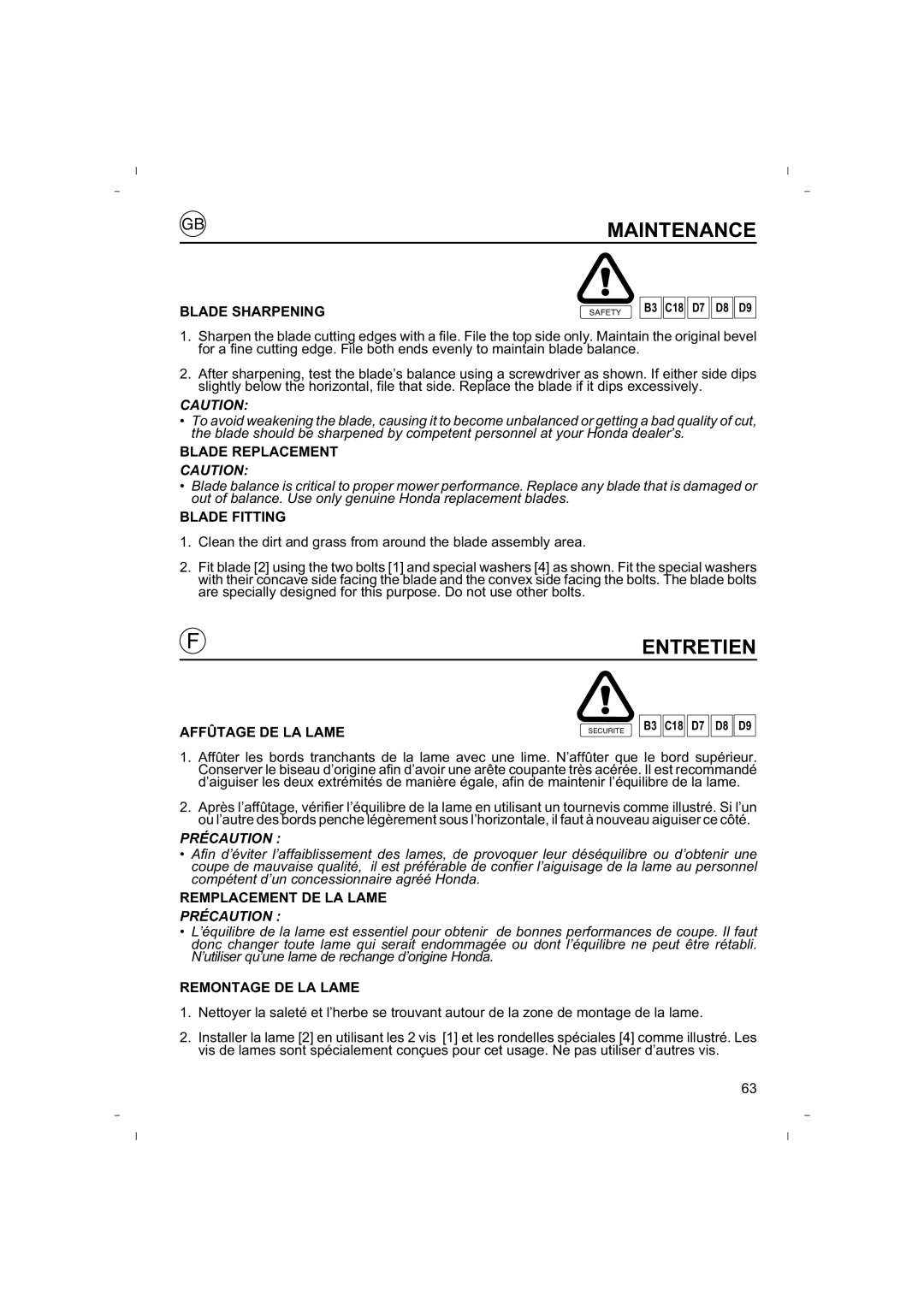 Honda Power Equipment HRB425C owner manual Blade Sharpening, Blade Replacement, Blade Fitting, Affûtage DE LA Lame 