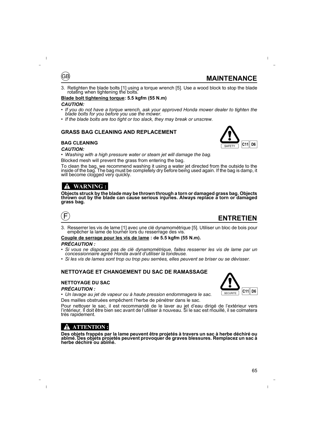 Honda Power Equipment HRB425C owner manual Grass BAG Cleaning and Replacement, Nettoyage ET Changement DU SAC DE Ramassage 