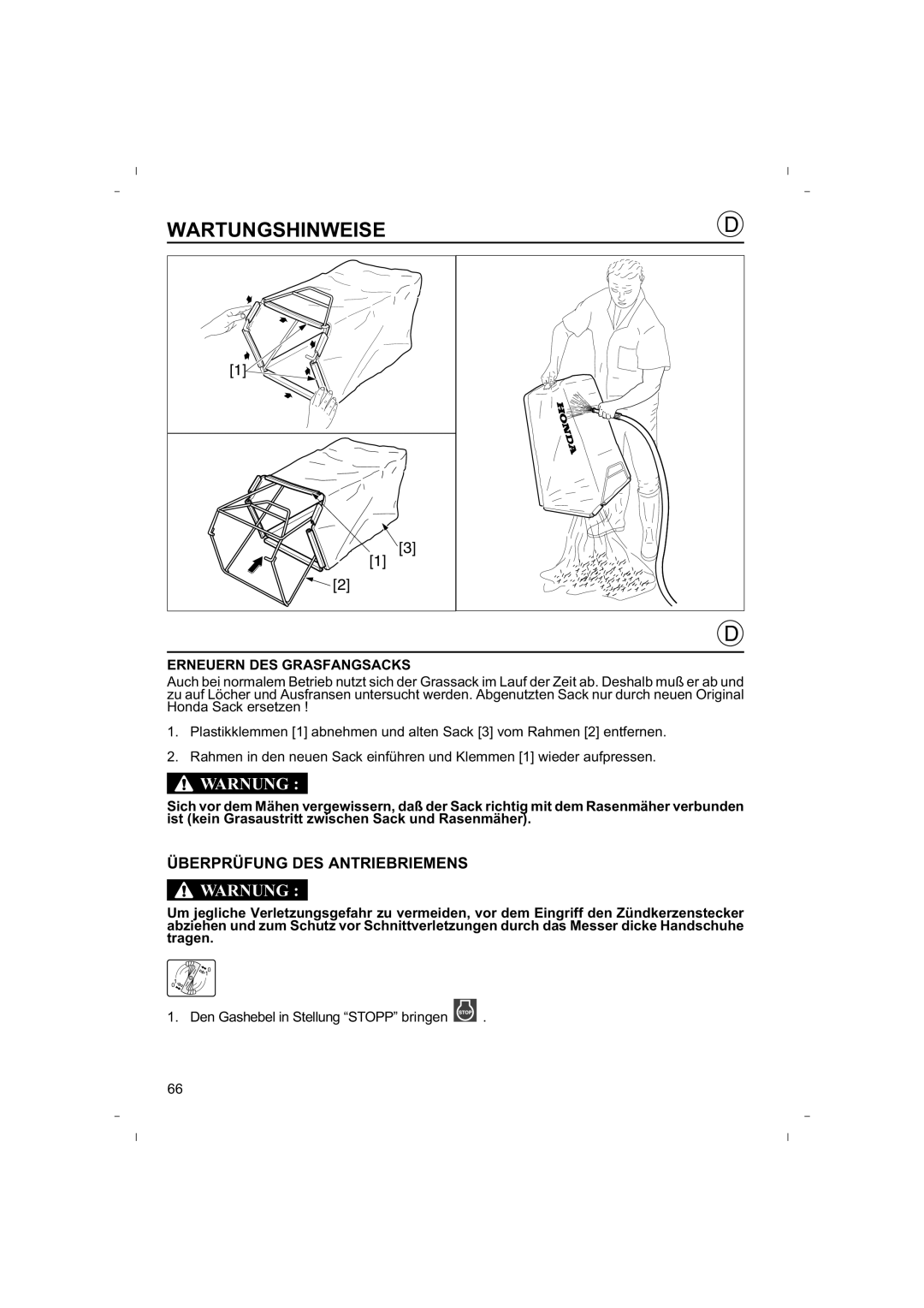 Honda Power Equipment HRB425C owner manual Überprüfung DES Antriebriemens, Erneuern DES Grasfangsacks 