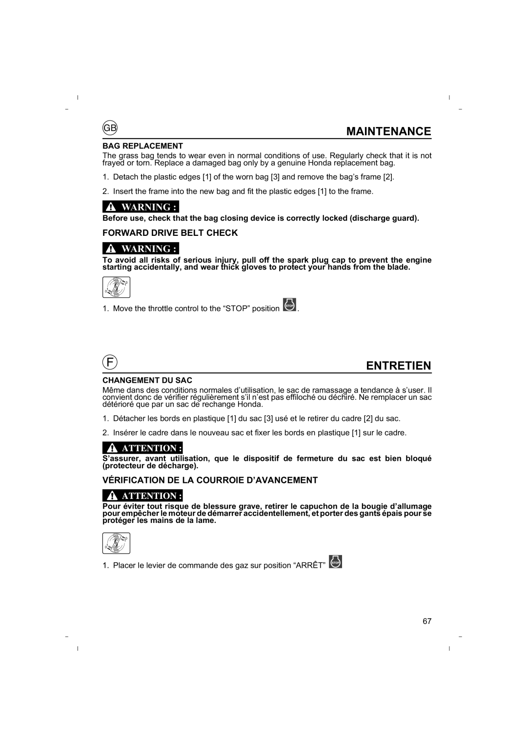 Honda Power Equipment HRB425C Forward Drive Belt Check, Vérification DE LA Courroie D’AVANCEMENT, BAG Replacement 