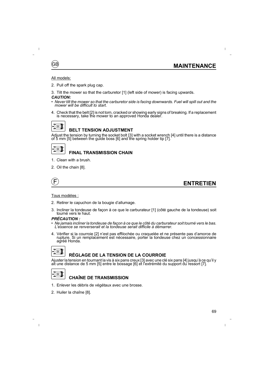 Honda Power Equipment HRB425C Belt Tension Adjustment, Final Transmission Chain, Réglage DE LA Tension DE LA Courroie 