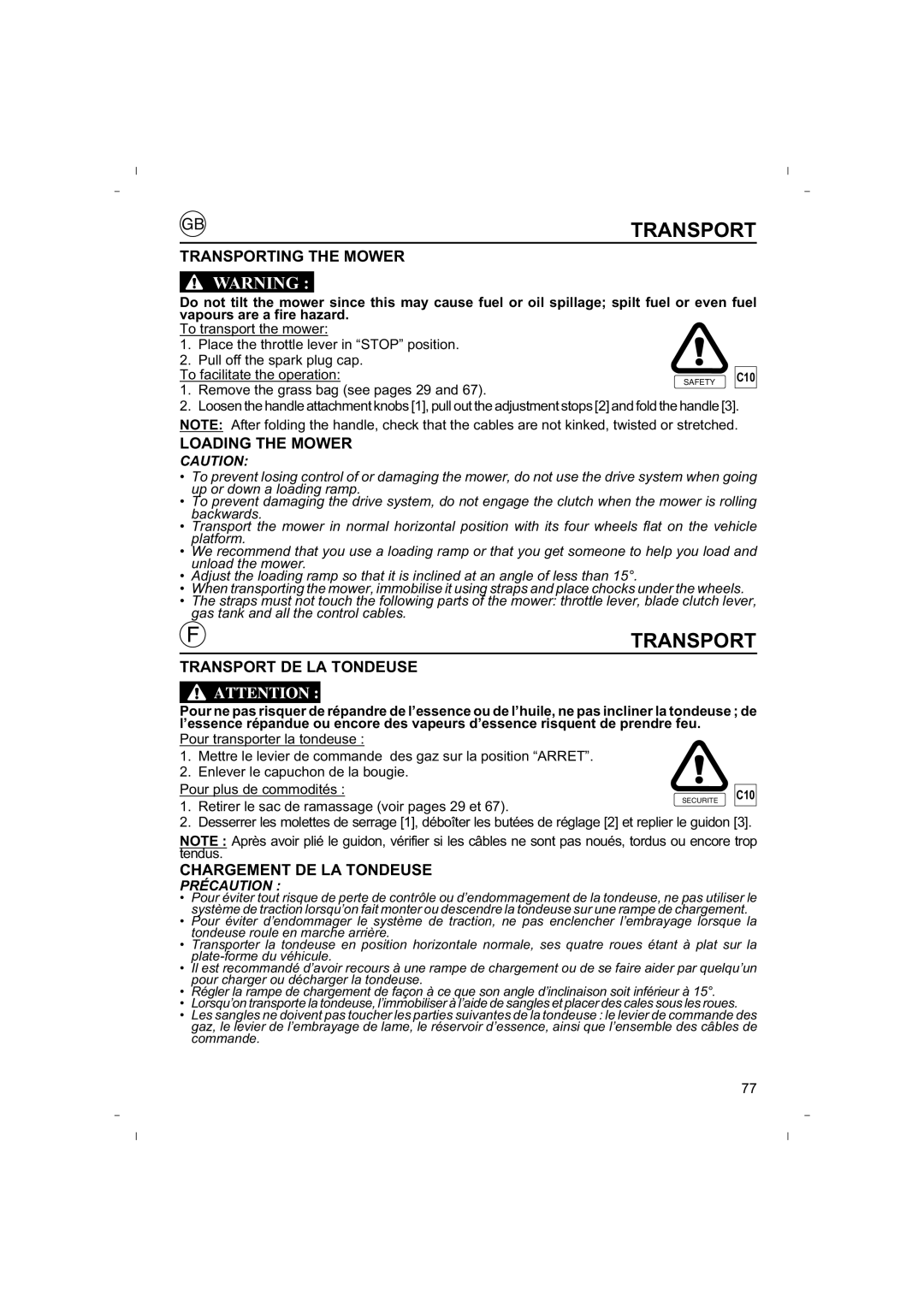 Honda Power Equipment HRB425C owner manual Transporting the Mower, Loading the Mower, Transport DE LA Tondeuse 