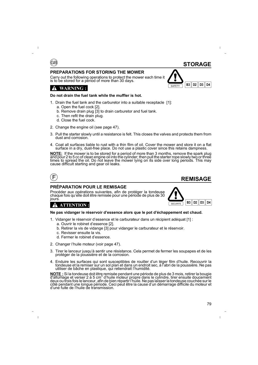 Honda Power Equipment HRB425C owner manual Storage, Preparations for Storing the Mower, Préparation Pour LE Remisage 