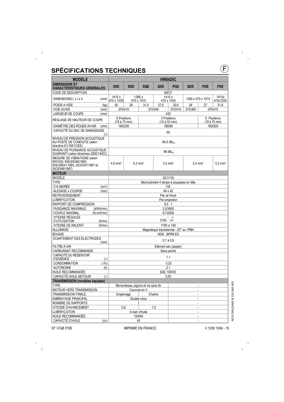 Honda Power Equipment owner manual Spécifications Techniques, Modèle HRB425C 