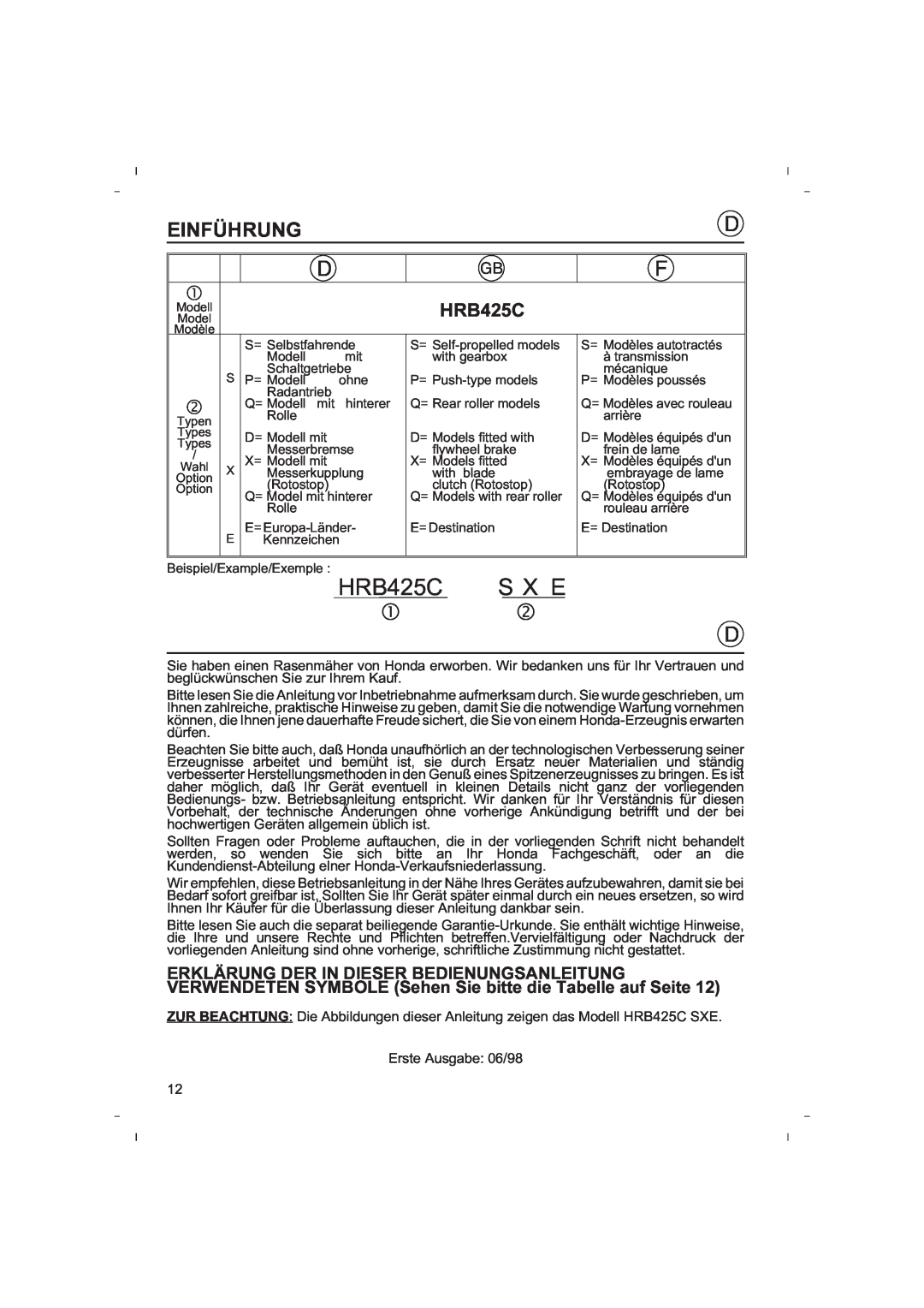Honda Power Equipment HRB425C owner manual Einführung, S X E 