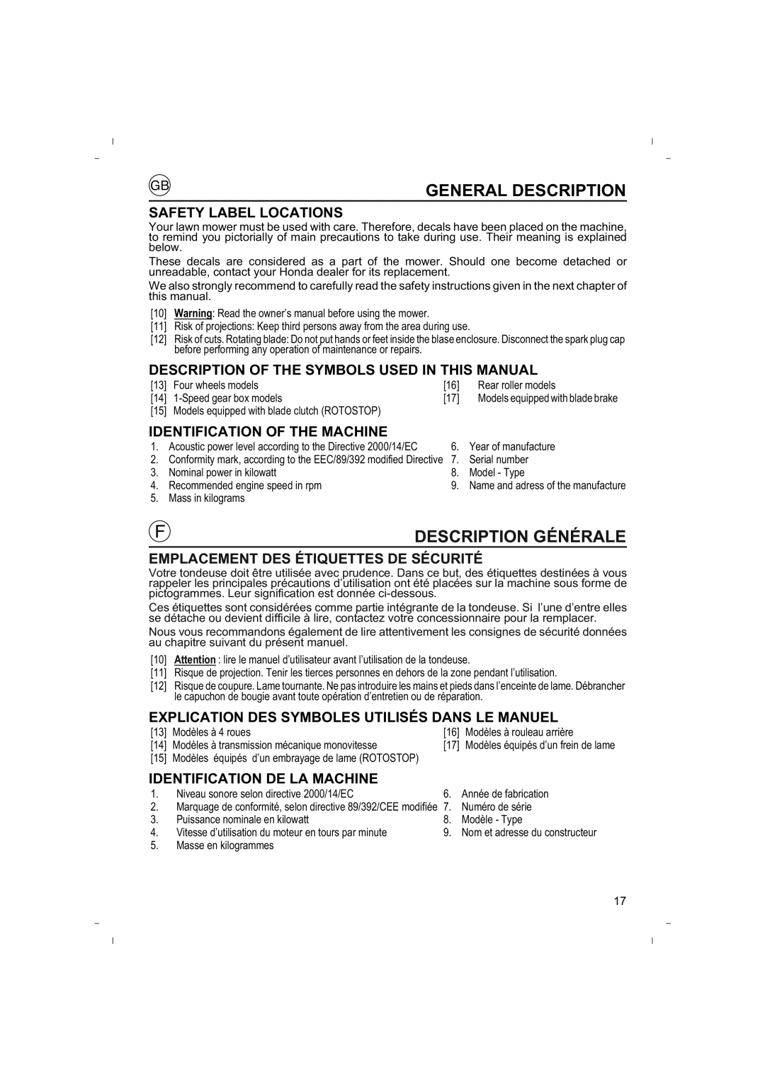 Honda Power Equipment HRB425C Safety Label Locations, Description Of The Symbols Used In This Manual, General Description 