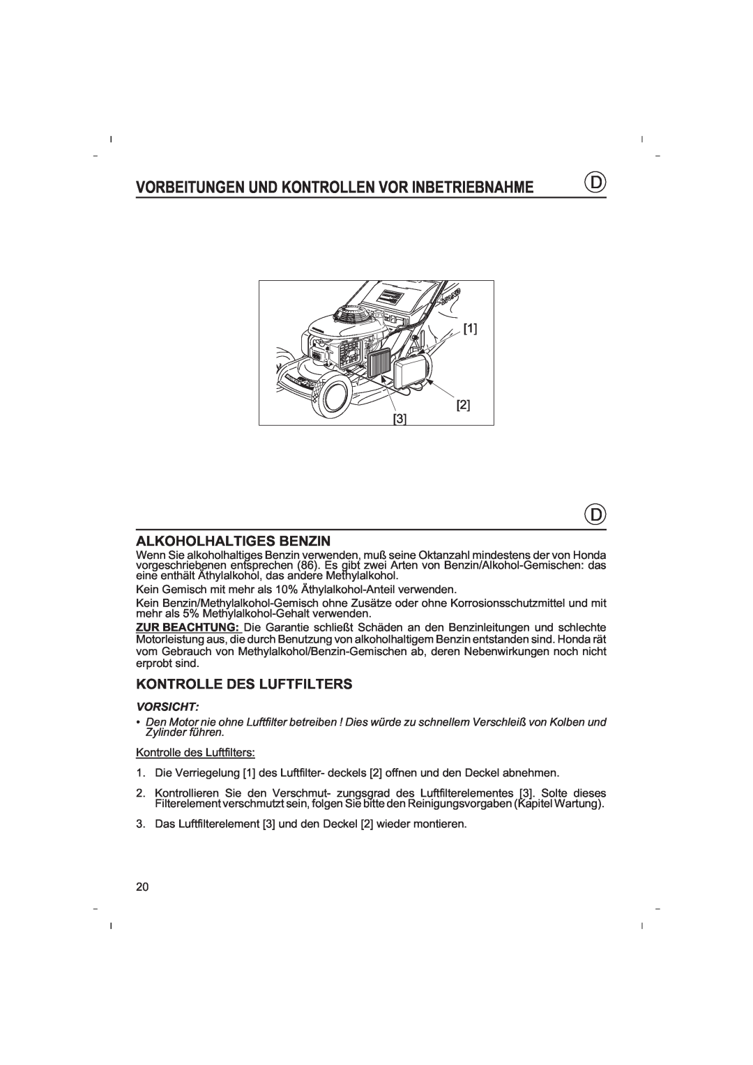 Honda Power Equipment HRB425C owner manual Alkoholhaltiges Benzin, Kontrolle Des Luftfilters 