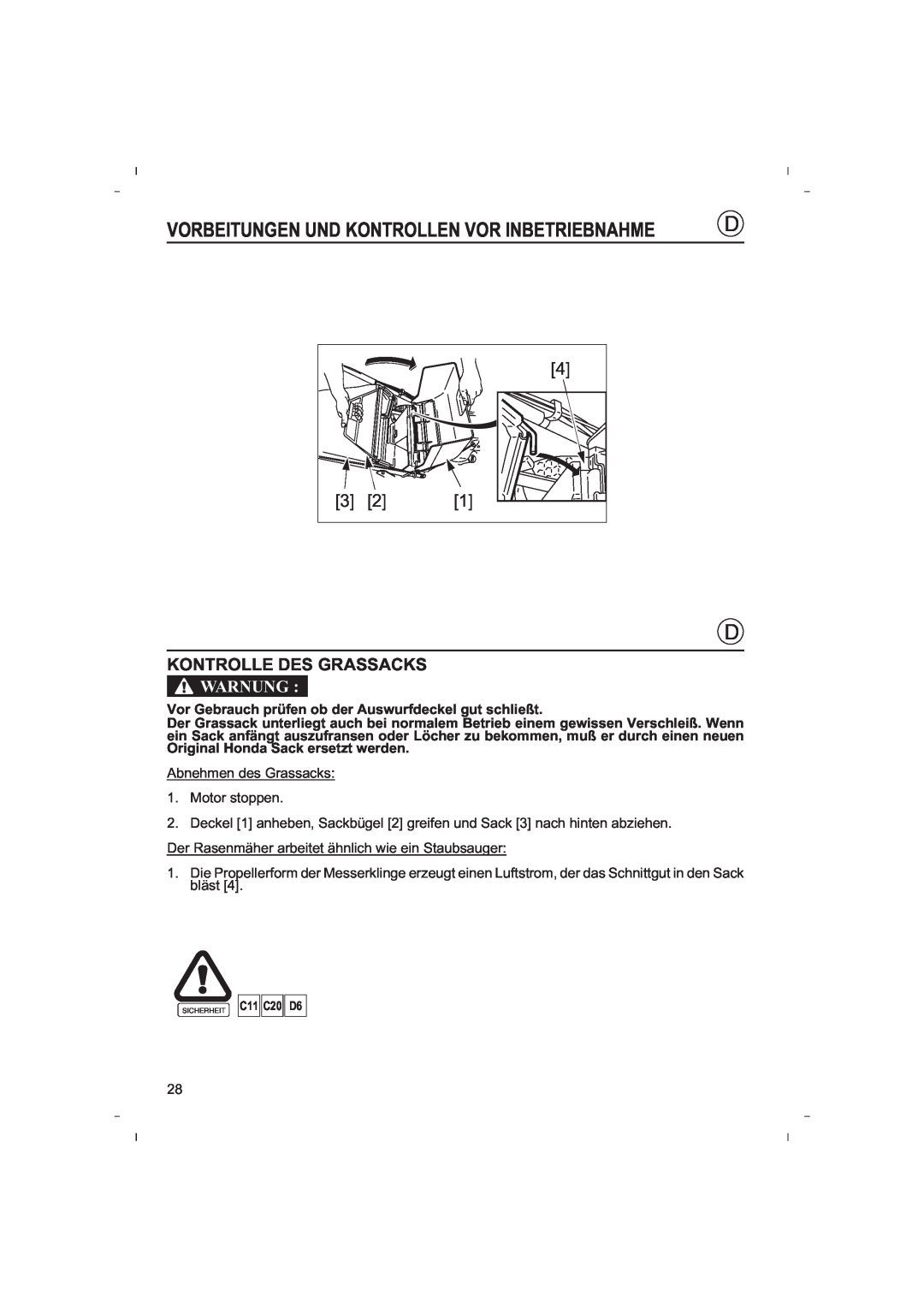 Honda Power Equipment HRB425C owner manual Kontrolle Des Grassacks, Vorbeitungen Und Kontrollen Vor Inbetriebnahme, Warnung 