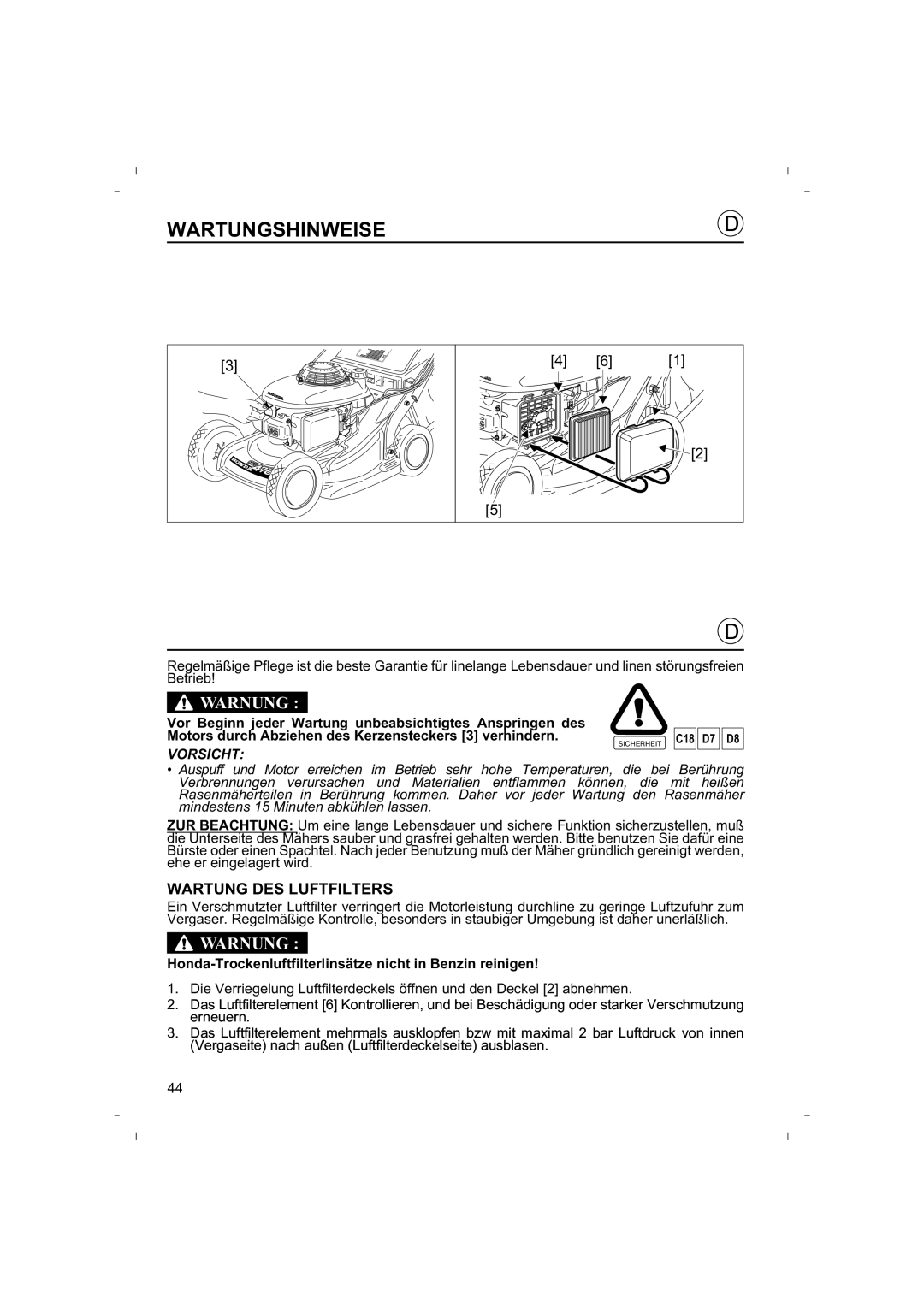 Honda Power Equipment HRB425C owner manual Wartungshinweise, Warnung, Wartung Des Luftfilters 