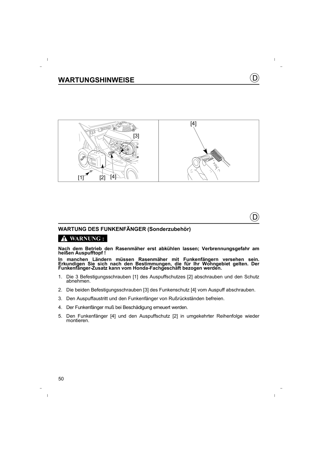 Honda Power Equipment HRB425C owner manual WARTUNG DES FUNKENFÄNGER Sonderzubehör, Wartungshinweise, Warnung 