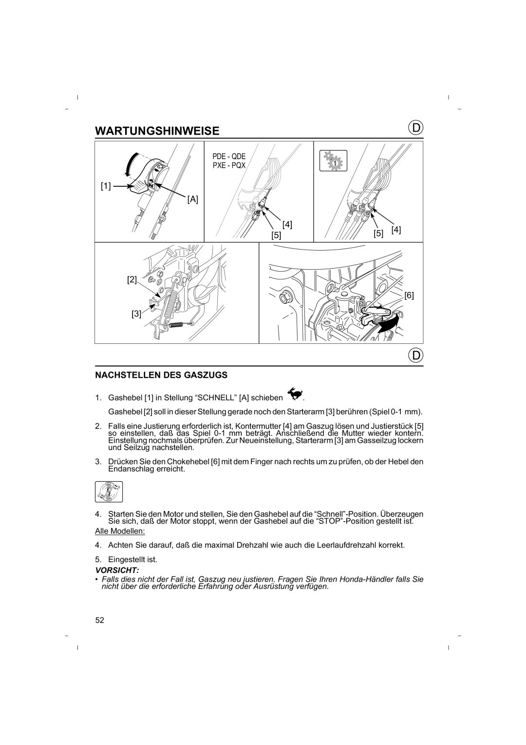 Honda Power Equipment HRB425C owner manual Nachstellen Des Gaszugs, Wartungshinweise 