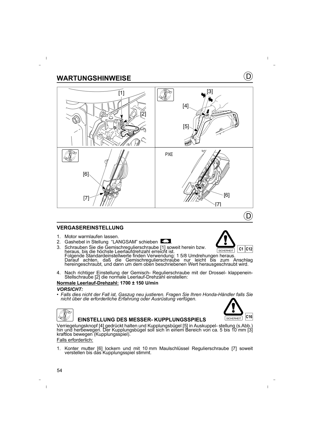 Honda Power Equipment HRB425C owner manual Vergasereinstellung, Einstellung Des Messer- Kupplungsspiels, Wartungshinweise 