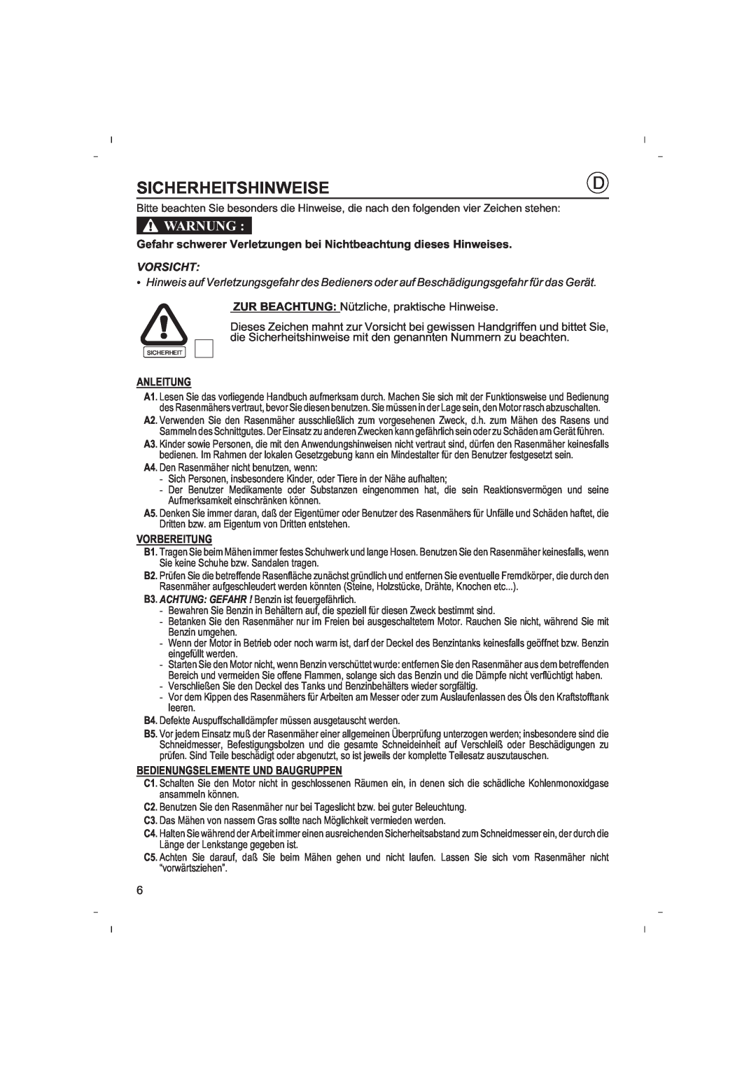 Honda Power Equipment HRB425C owner manual Sicherheitshinweise, Warnung 