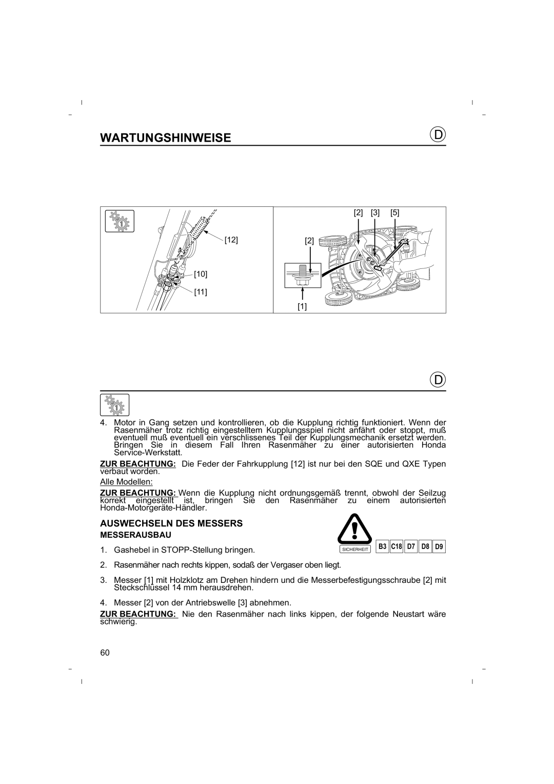 Honda Power Equipment HRB425C owner manual Auswechseln Des Messers, Wartungshinweise, Messerausbau 