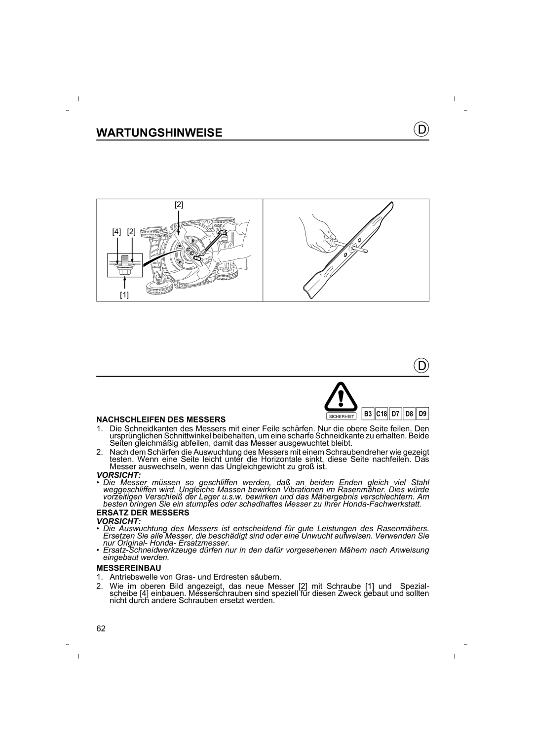 Honda Power Equipment HRB425C owner manual Wartungshinweise, Nachschleifen Des Messers, Ersatz Der Messers, Messereinbau 