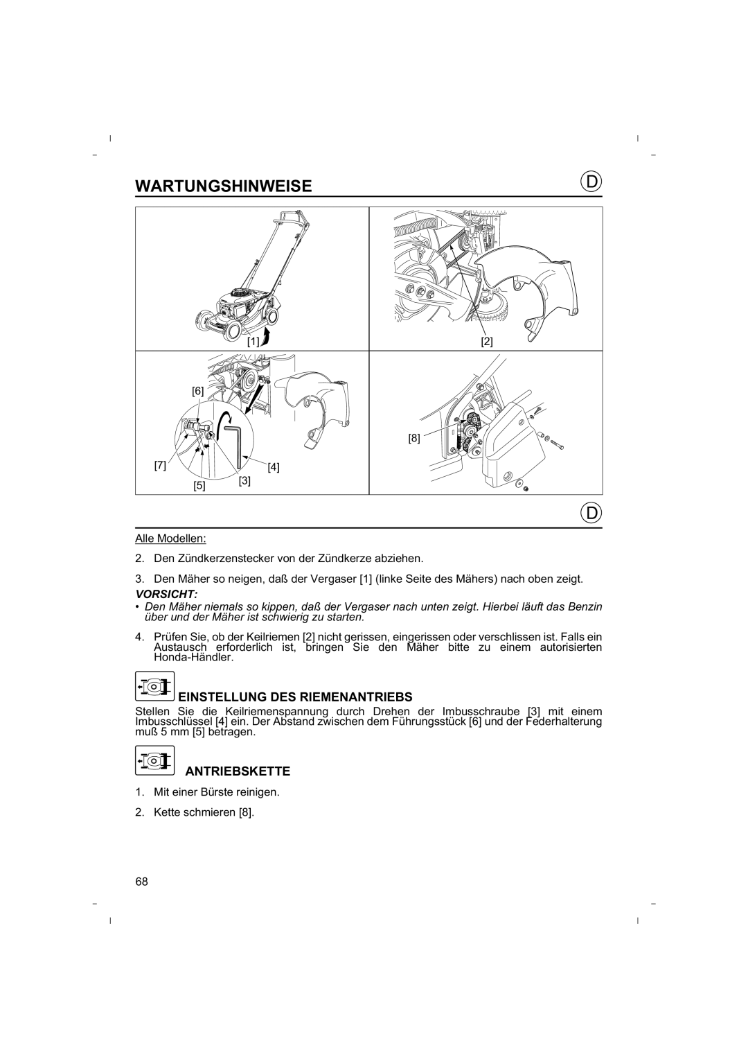 Honda Power Equipment HRB425C owner manual Einstellung Des Riemenantriebs, Antriebskette, Wartungshinweise 