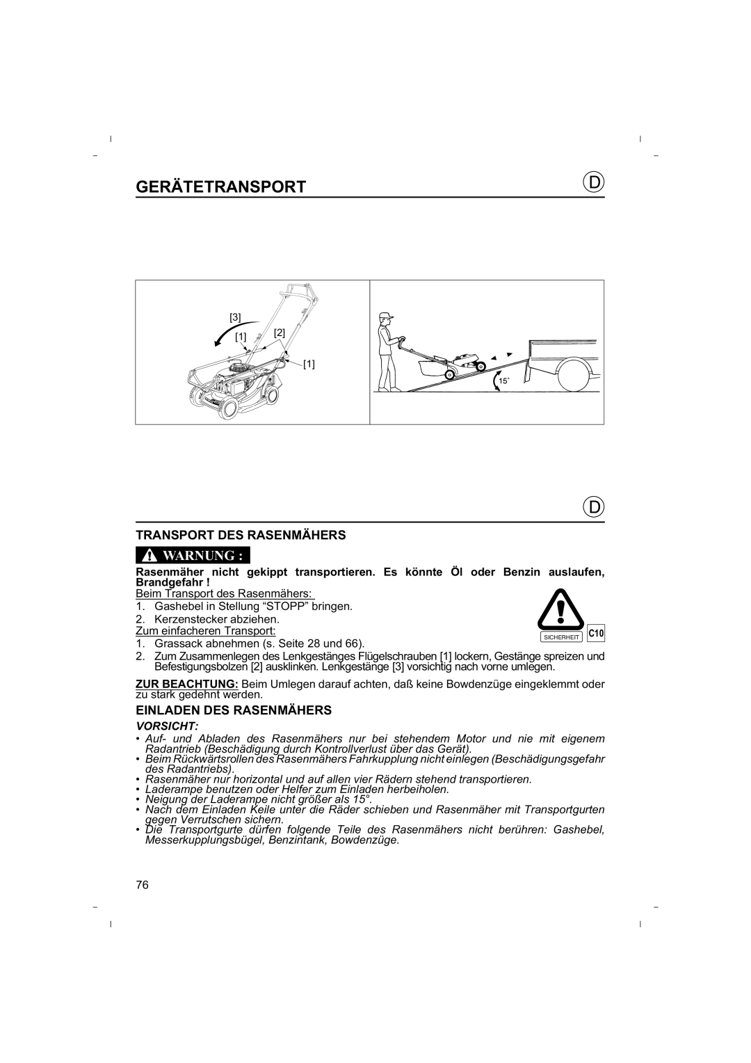 Honda Power Equipment HRB425C owner manual Gerätetransport, Transport Des Rasenmähers, Einladen Des Rasenmähers, Warnung 