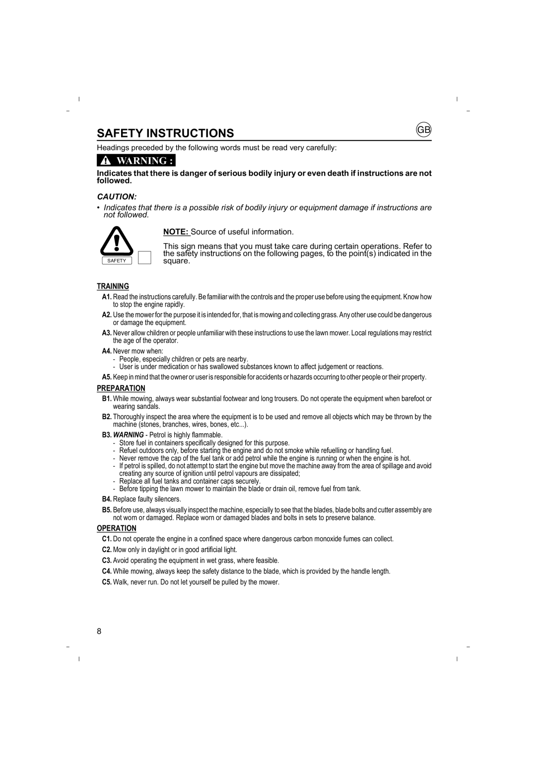 Honda Power Equipment HRB425C owner manual Safety Instructions, Training, Preparation, Operation 
