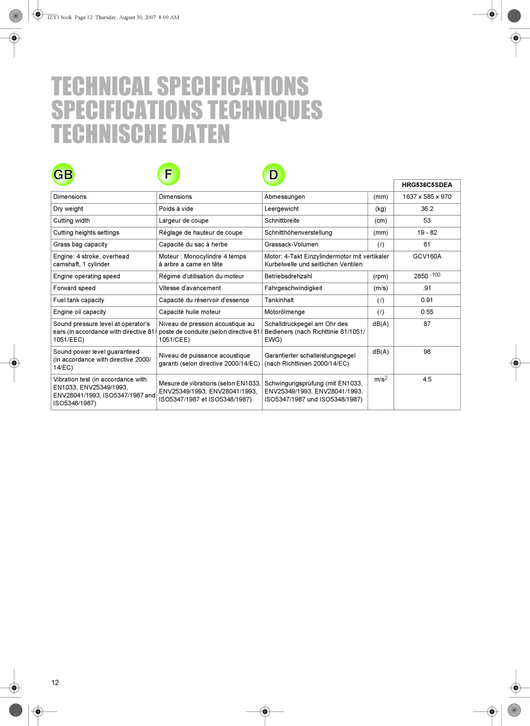 Honda Power Equipment owner manual Technical Specifications, Specifications Techniques Technische Daten, HRG536C5SDEA 
