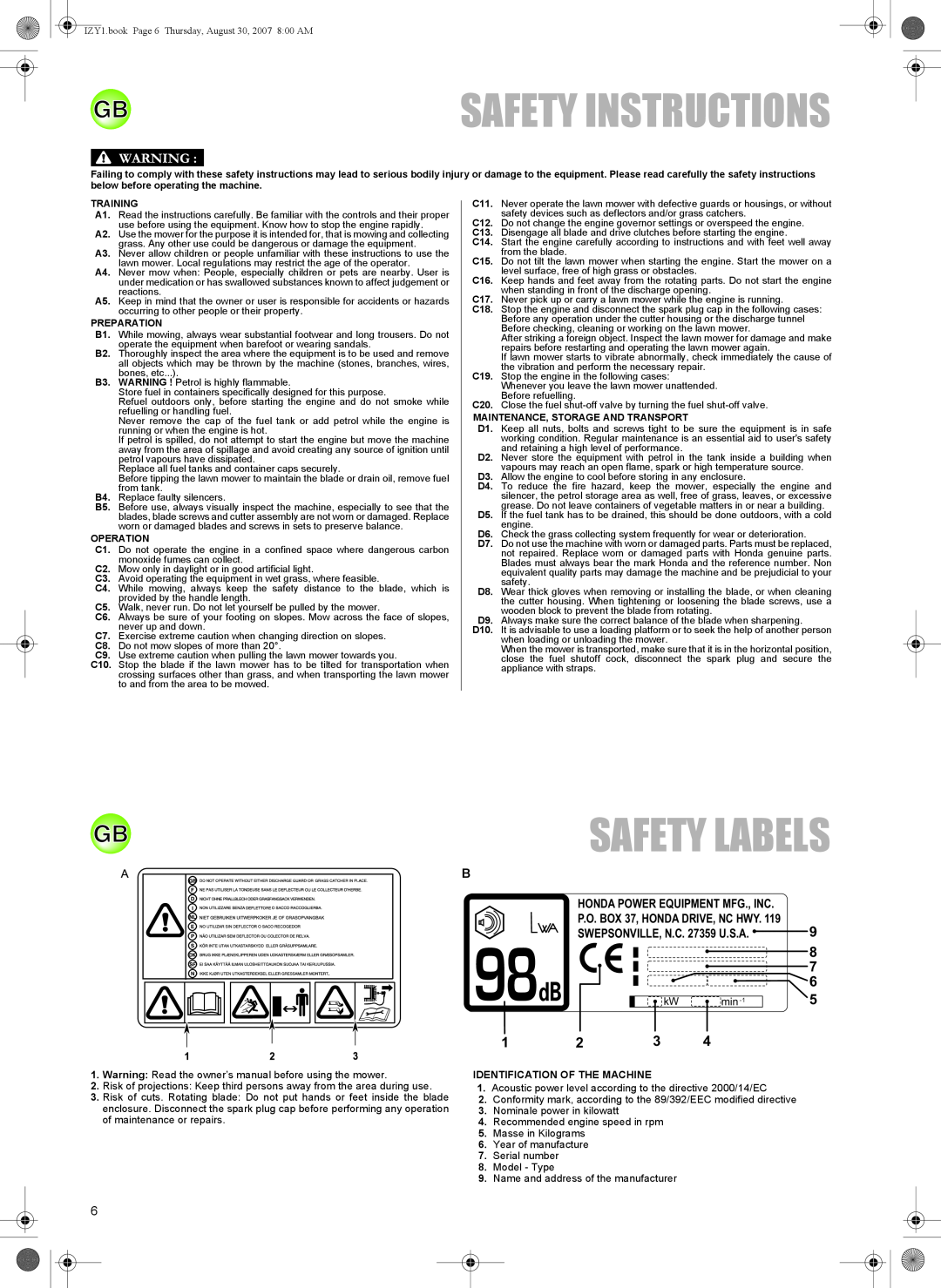 Honda Power Equipment HRG536C owner manual Safety Instructions, Safety Labels,   , B +21$32:548,30170*,1& 