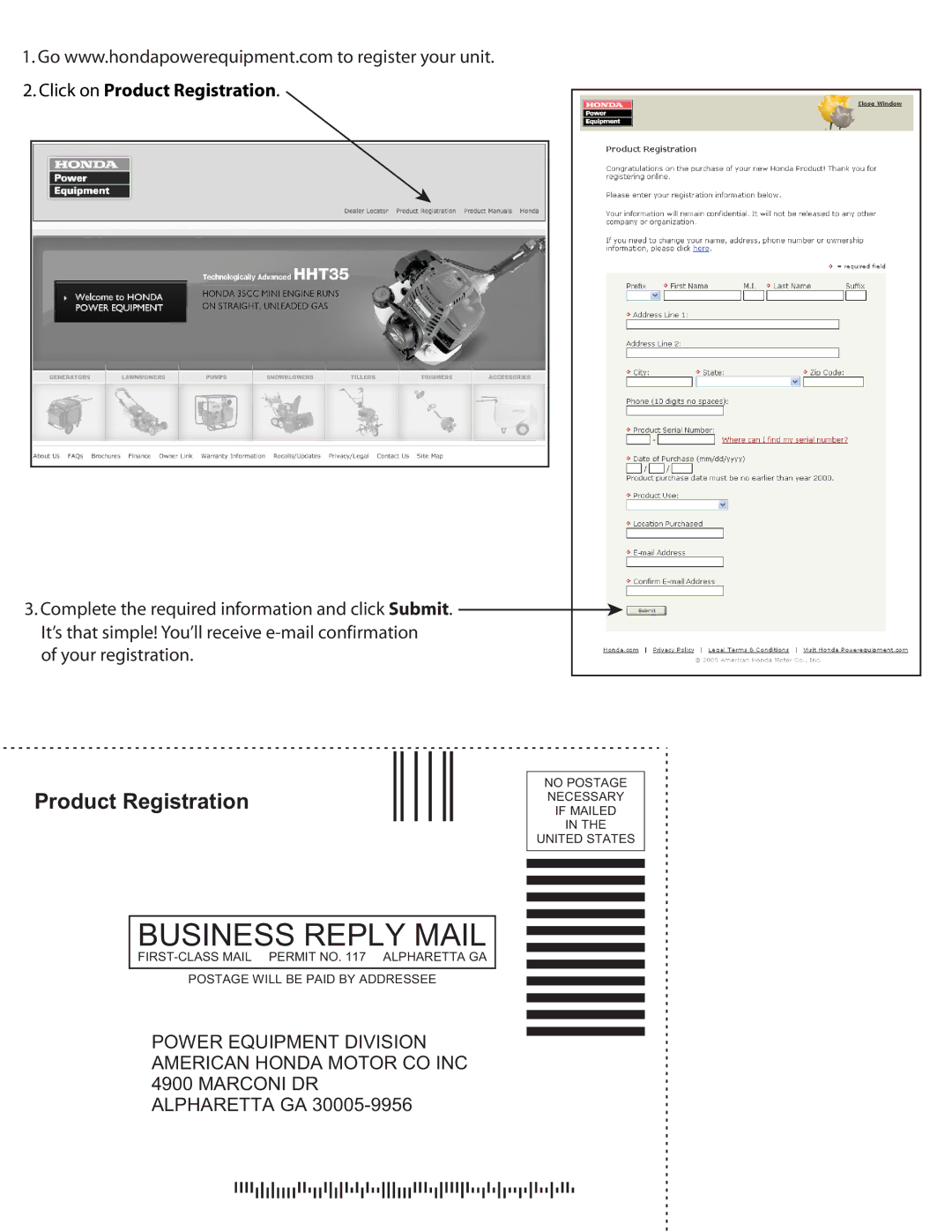 Honda Power Equipment HRR216VXA owner manual Business Reply Mail 