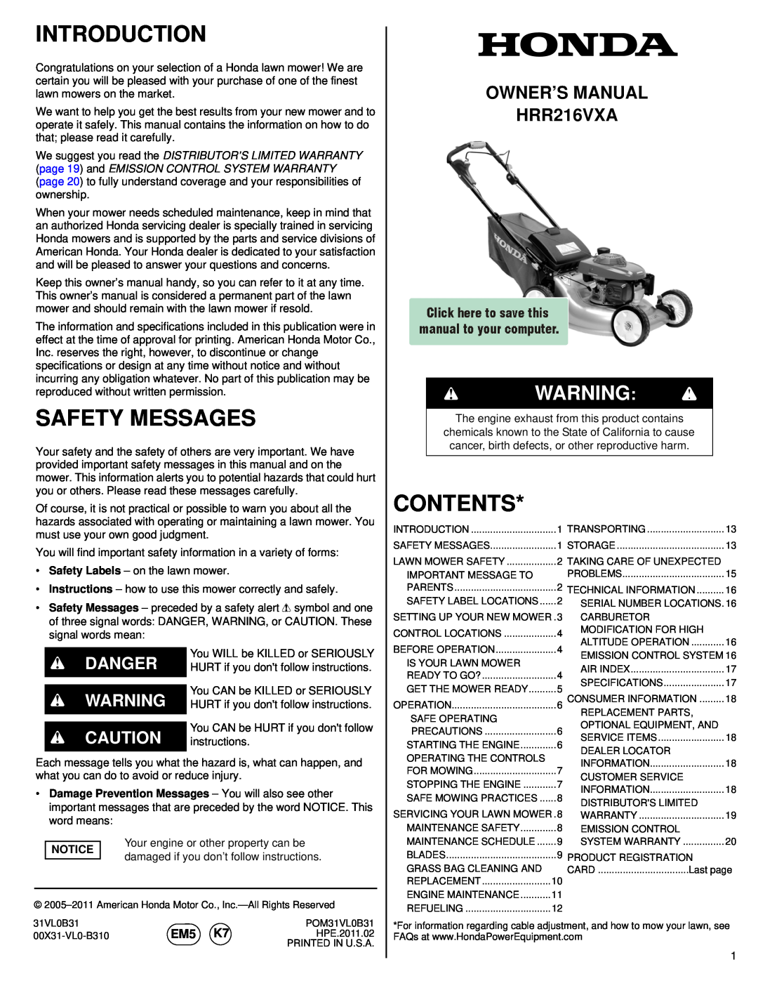 Honda Power Equipment HRR216VXA owner manual Introduction, Safety Messages, Contents, B Warning B, EM5 K7 