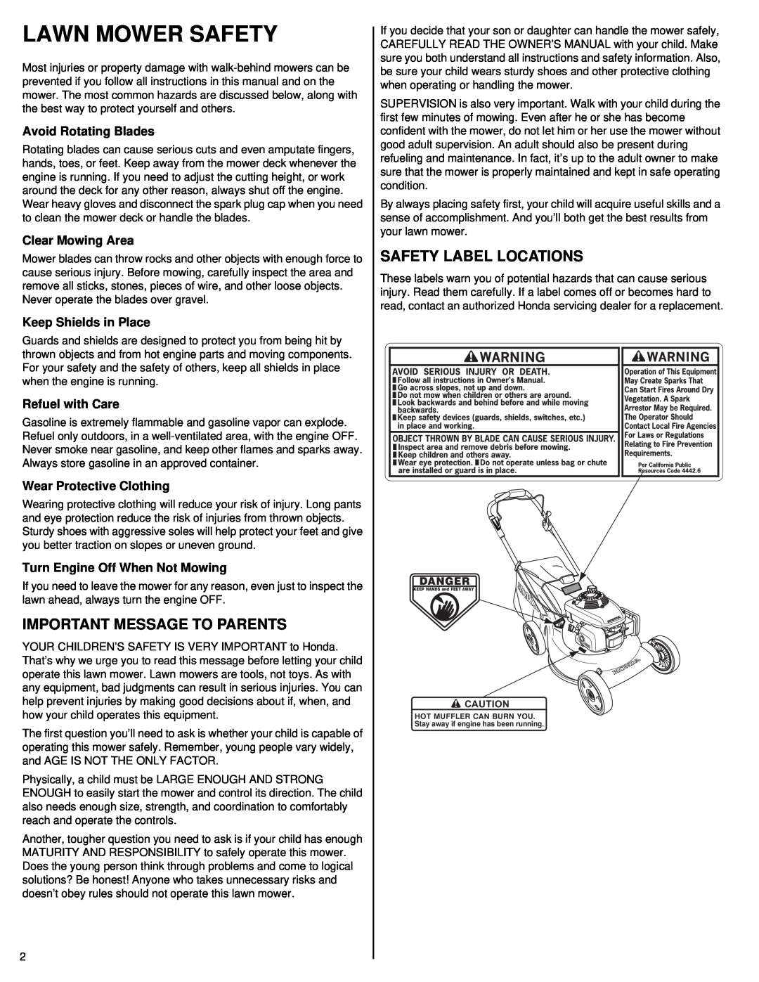 Honda Power Equipment HRR216VXA Lawn Mower Safety, Important Message To Parents, Safety Label Locations, Clear Mowing Area 