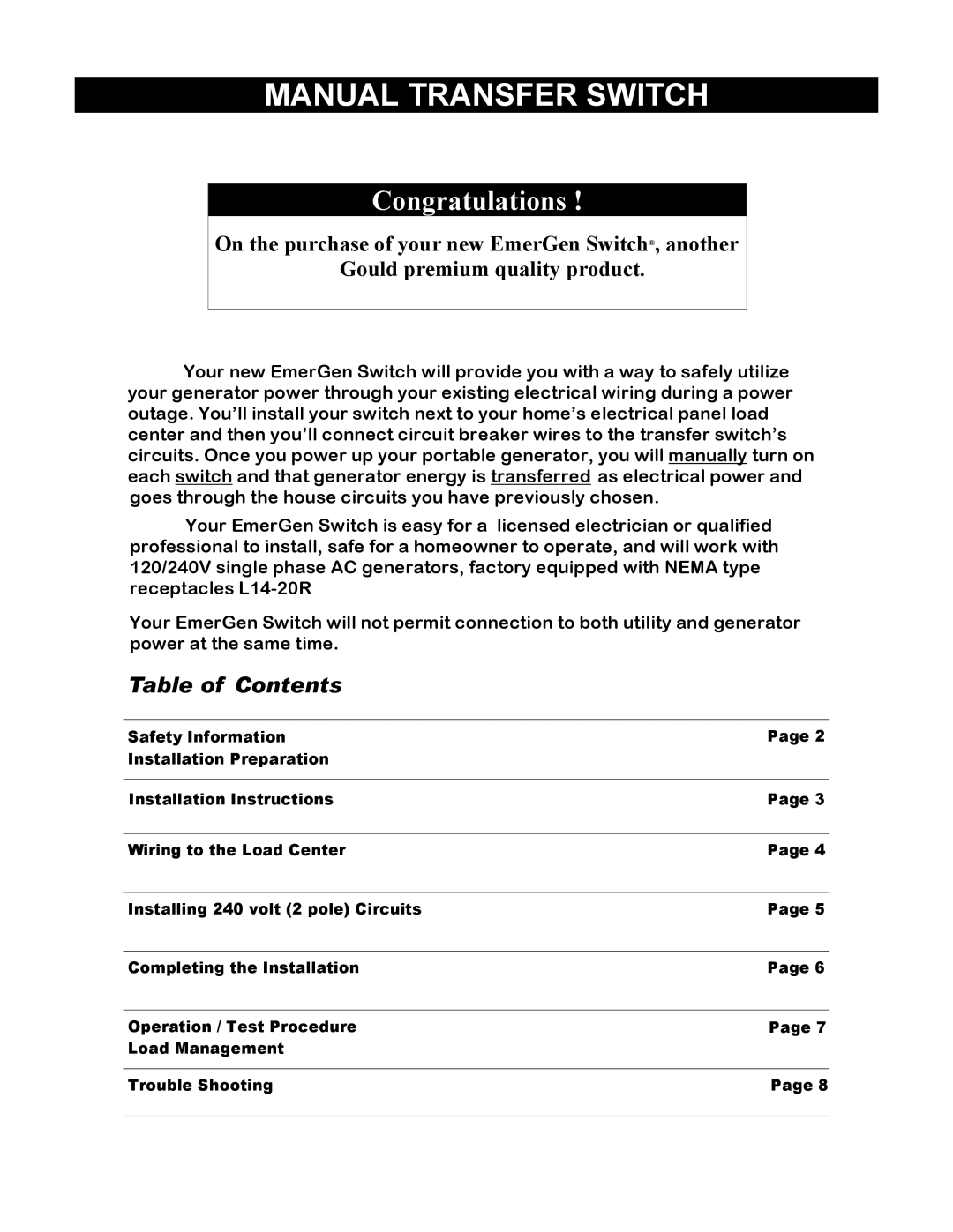 Honda Power Equipment L14-20R installation instructions Manual Transfer Switch 