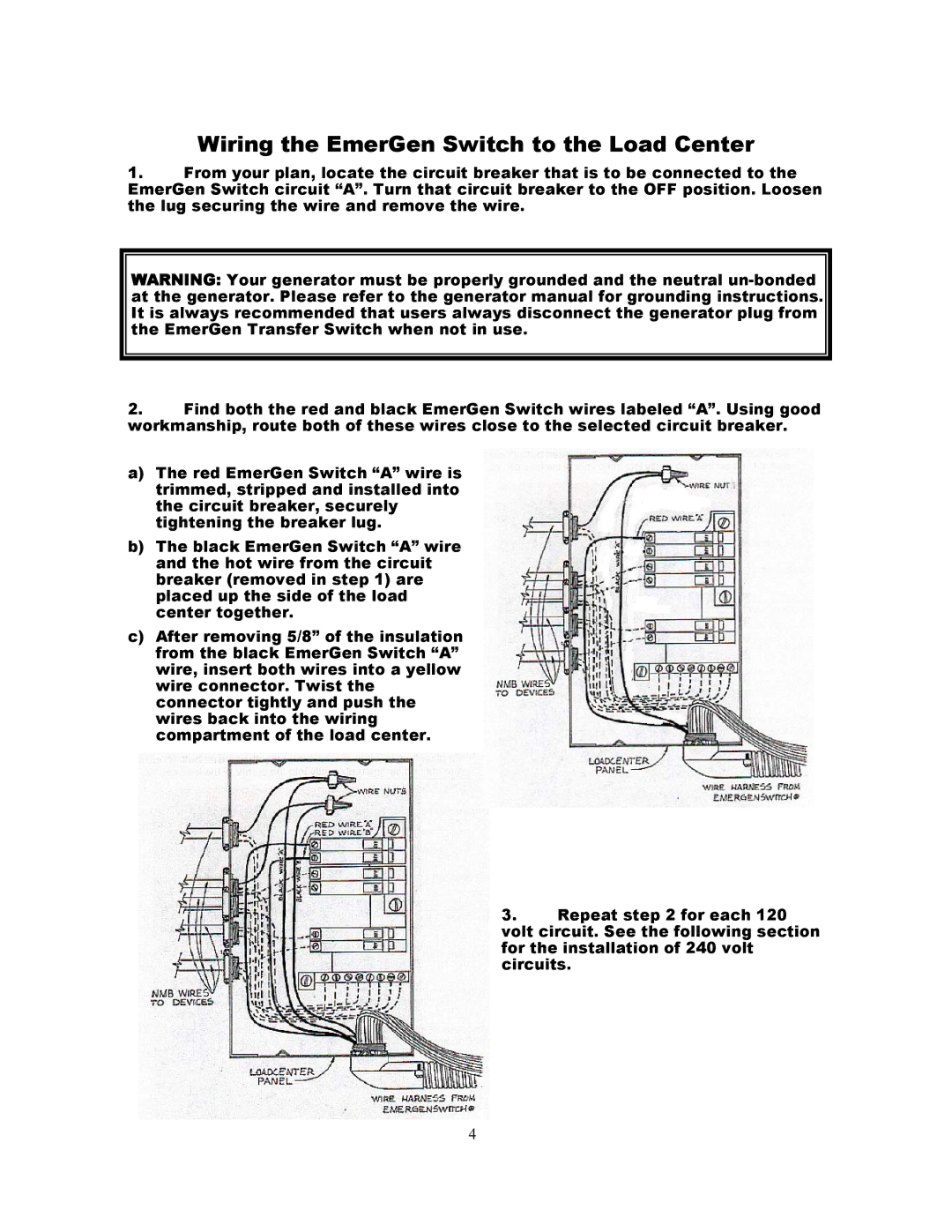 Honda Power Equipment L14-20R installation instructions Wiring the EmerGen Switch to the Load Center 