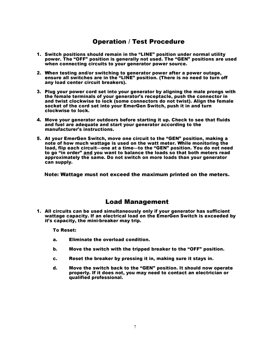 Honda Power Equipment L14-20R installation instructions Operation / Test Procedure, Load Management 