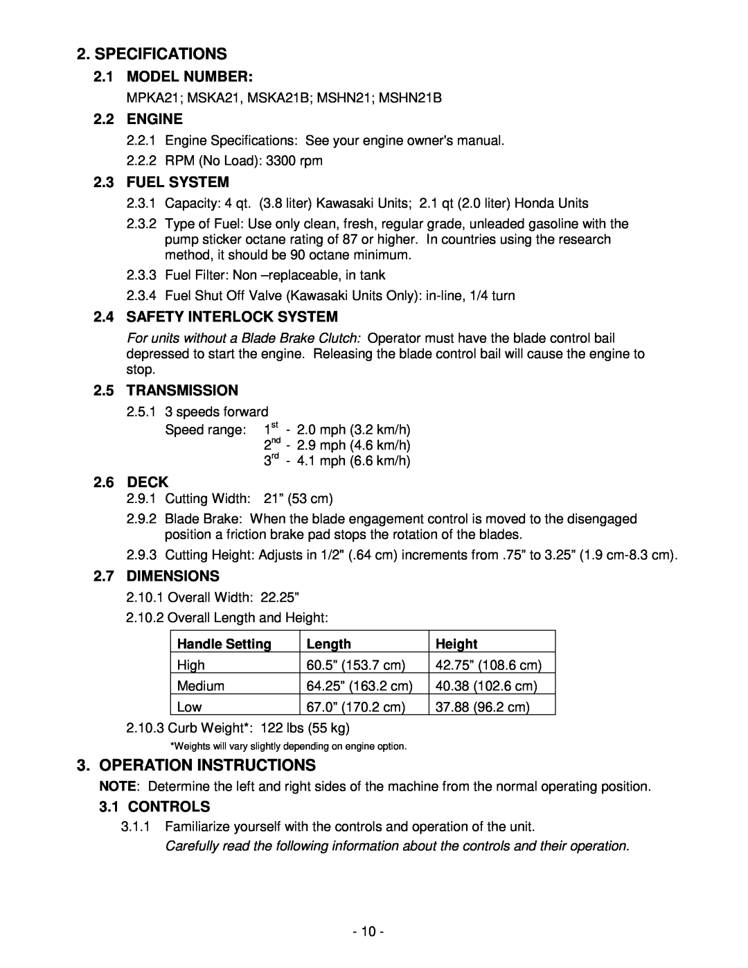 Honda Power Equipment metro 21 manual Specifications, Operation Instructions 